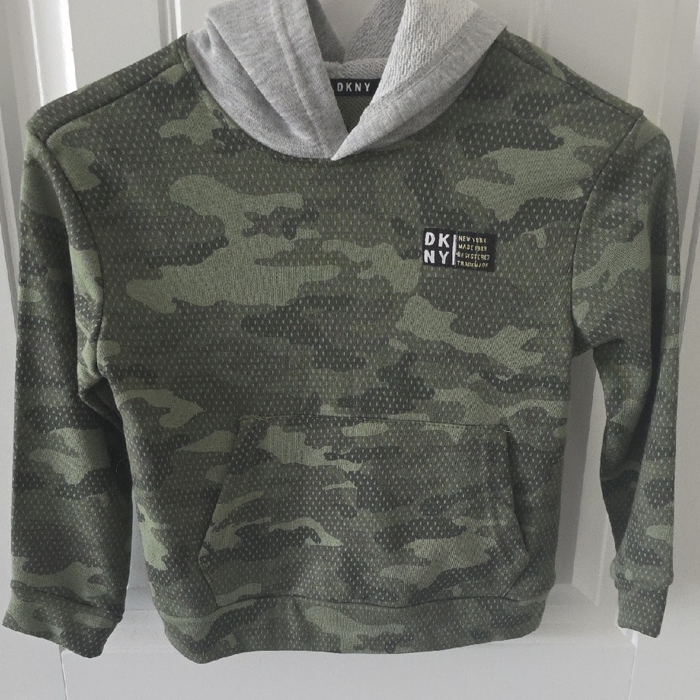 DKNY Kids Olive Camo Sweatshirt with Gray Hood, Size 5